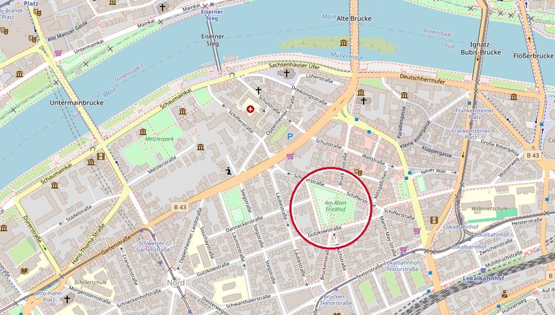 Kartenausschnitt von Frankfurt-Sachsenhausen. Rot markiert ist der Brückenspielplatz zwischen Schifferstraße, Brückenstraße und Gutzkowstraße &ndash; wenige Gehminuten südlich des Mains und westlich des Lokalbahnhofs.